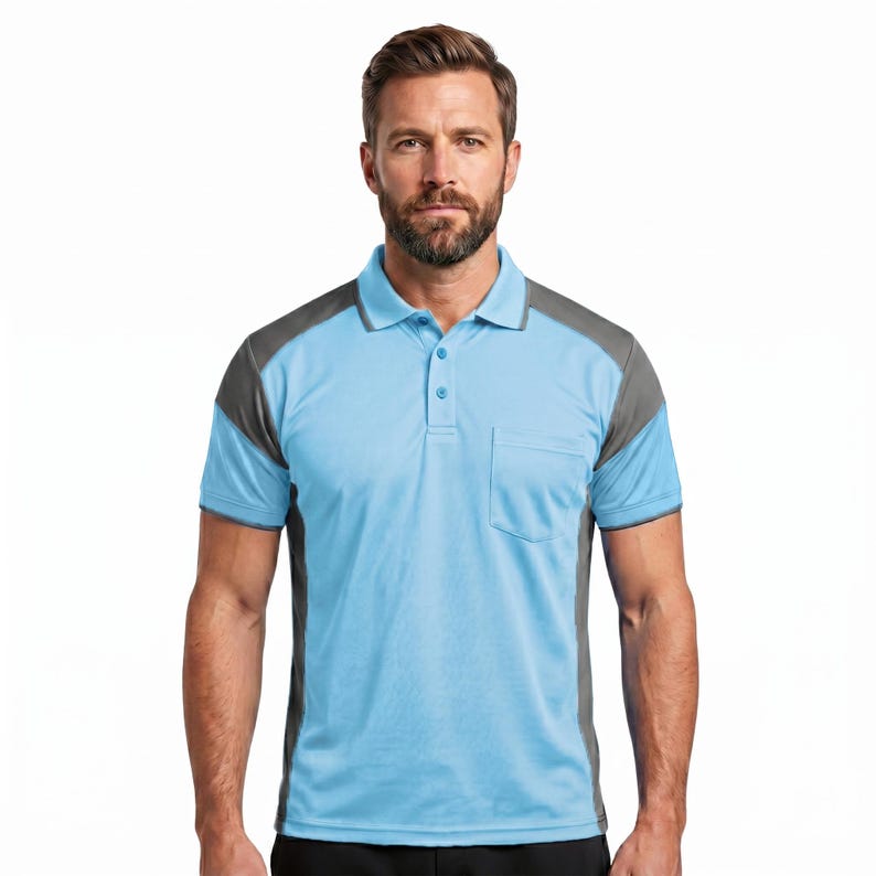 Men Polo Shirts Hi Vis Cargo Work Tradie T Shirt Golf Sports T-Shirt Short Sleeves Sky Blue