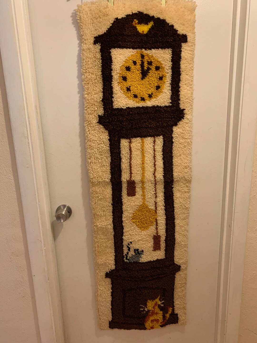 Vintage Wall Hanging Grandfather Clock Latch Hook Cat and Etsy