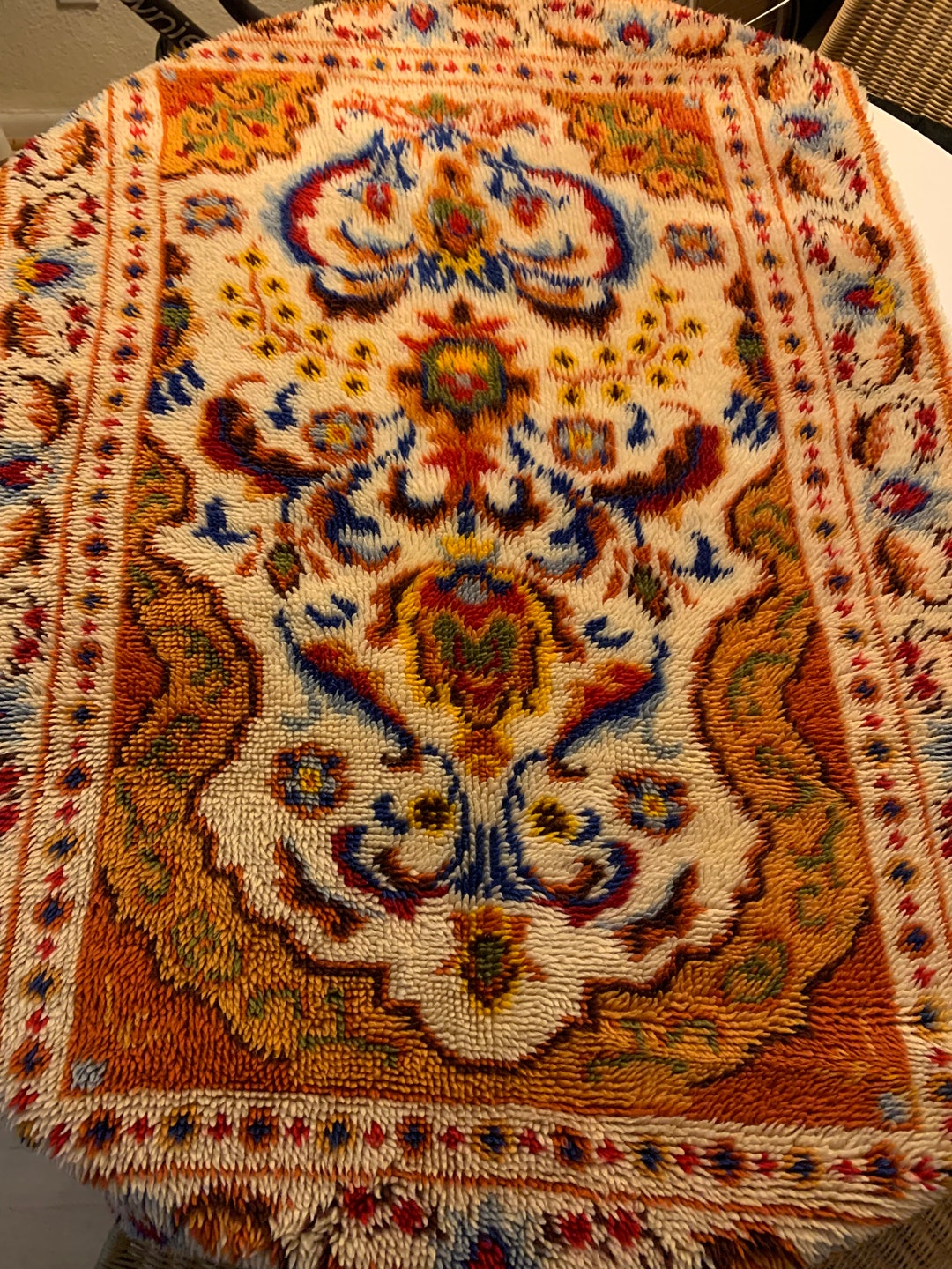 Vintage Latch Hook Rug Large Accent Rug Approx. 35x51.5 Hand Made With Backing Orange Brown