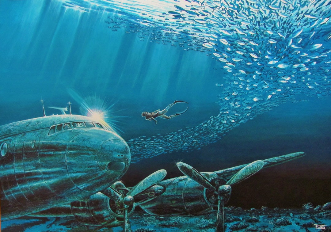 Gouache Paint Diver Wreck Underwater Plane Ocean Fish Etsy