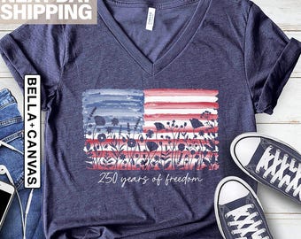 Womens Patriotic V Neck Shirt, 250 Years of Freedom Floral Tee, America 250 Shirt, Fourth of July Wildflower Top, Semiquincentennial VNeck