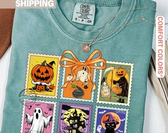 Comfort Colors® Retro Halloween Cat Ghost Shirt, Fall Shirt, Halloween Shirt, Spooky Season Tee, Pumpkin Halloween Tee, Girly Halloween Tee