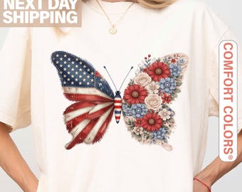 Comfort Colors® Patriotic Butterfly Shirt, American Flag Butterfly Tee, 4th Of July Shirt, Independence Day Gift, Print Only — Not a Patch