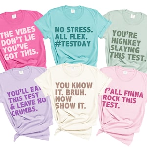 May include: A collection of six short-sleeved t-shirts in various colors, each with a different text-based design. Colors include pink, light blue, green, purple, ivory, and light pink. The text on the shirts features phrases like "The Vibes Don't Lie" and "No Stress."