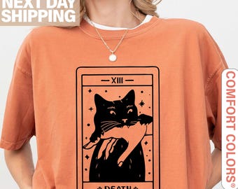 Tarot Card Black Cat Comfort Colors® Shirt, Tarot Death T-Shirt, Witchy Cat Shirt, Spooky Cat Gift, Halloween Black Cat Shirt,Cat Lover Gift