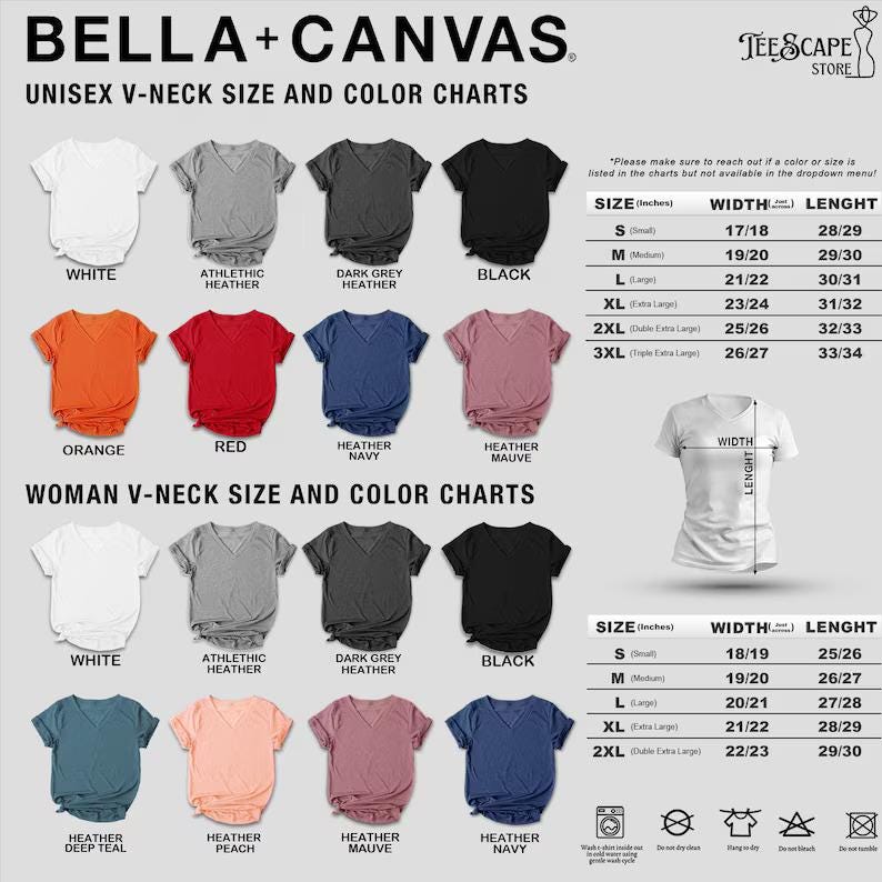 May include: A size and color chart for Bella+Canvas unisex and women's V-neck t-shirts. The chart displays various colors, including white, black, and heather shades, with size measurements in inches. The text "BELLA+CANVAS" is at the top.