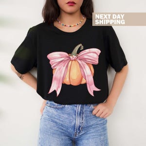 Halloween Shirt, Coquette Halloween, Pumpkin Shirt, Retro Halloween Tee, Fall Shirt, Pink Bow Shirt, Vintage Halloween TShirt, Gift For Her image 4