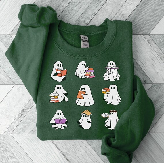 Ghost Reading Books Sweater, Bookish Halloween Sweatshirt, Halloween Teacher Gift, Librarian Halloween Hoodie, Cute Ghost Gift, Gift For Her
