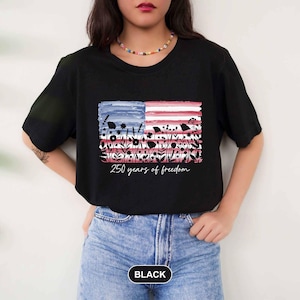 Womens Patriotic V Neck Shirt, 250 Years of Freedom Floral Tee, Fourth of July Wildflower Top, 250 Years VNeck Black