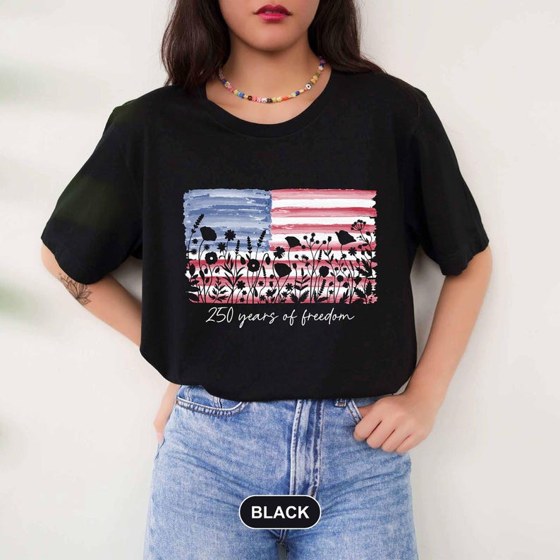 Womens Patriotic V Neck Shirt, 250 Years of Freedom Floral Tee, Fourth of July Wildflower Top, 250 Years VNeck Black