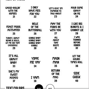 May include: A graphic featuring text options for various phrases, including "Casse-Rollin' With The Homies" and "I Yam." The text is available in black or white. Numbers are included with each phrase.