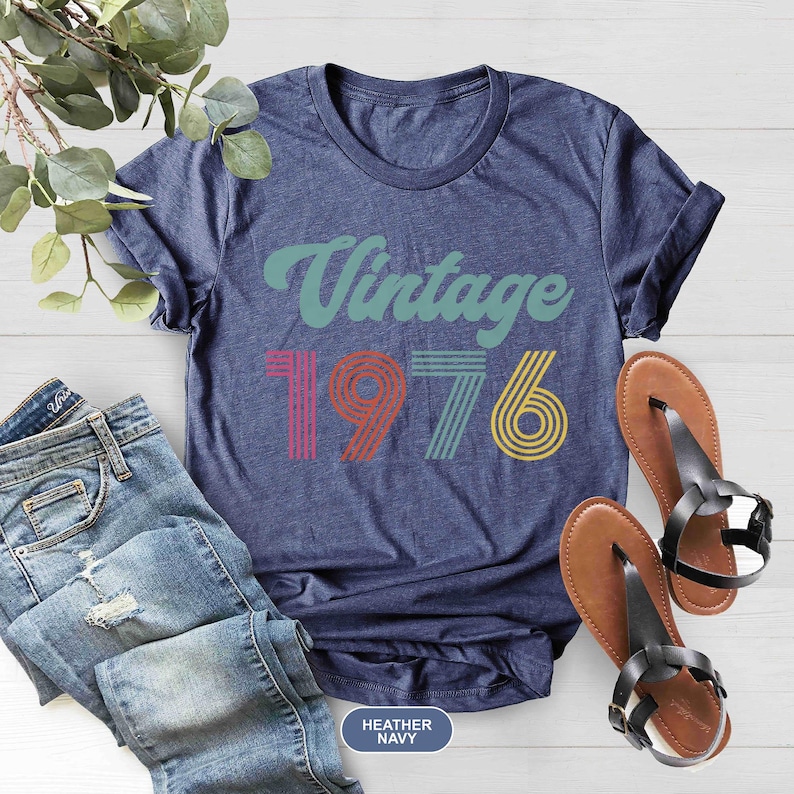 Vintage 1976 Birthday T-Shirt, 50th Birthday Shirt, Vintage 50th Birthday Gift Shirt For Women, 50th Birthday Gift For Men, Born In 1976 Tee Heather Navy
