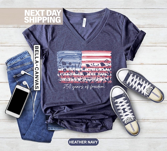 Womens Patriotic V Neck Shirt, 250 Years of Freedom Floral Tee, America 250 Shirt, Fourth of July Wildflower Top, Semiquincentennial VNeck