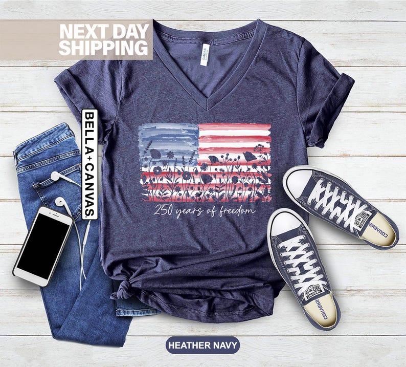Womens Patriotic V Neck Shirt, 250 Years of Freedom Floral Tee, Fourth of July Wildflower Top, 250 Years VNeck image 1
