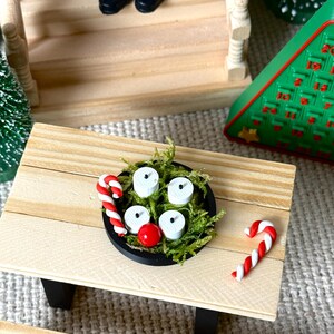 May include: Miniature Christmas scene featuring a wooden picnic table with a black bowl holding white candles and a red ball, surrounded by green moss. Two candy canes and a Christmas tree are also visible.