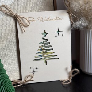 Handgefertigte Holzkarte mit Tannenbaum-Design – Weihnachtskarte, Wunschkarte, personalisiertes Geschenk