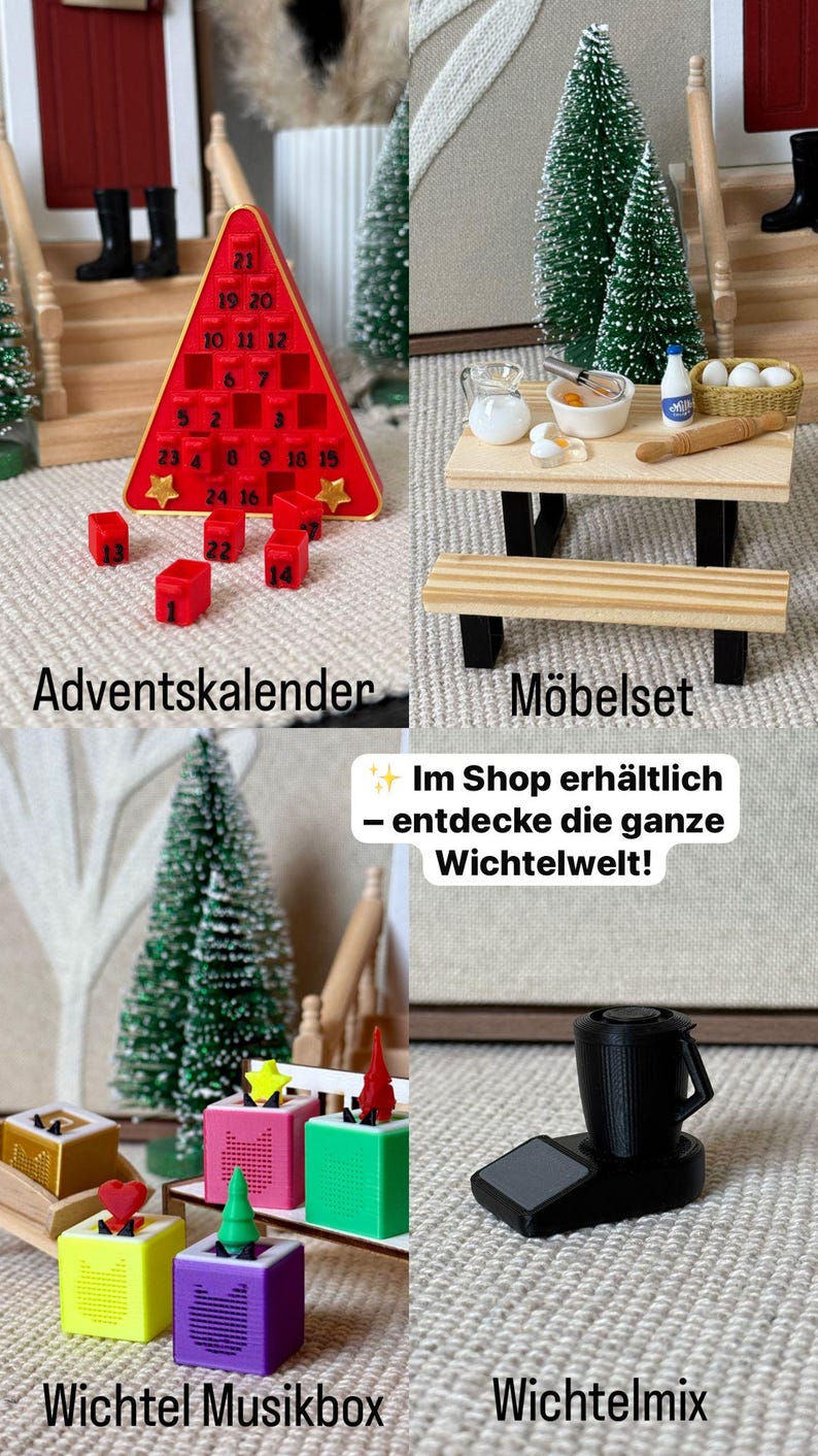 May include: A collection of miniature Christmas-themed items, including a red Advent calendar, a small table with food items, colorful music boxes, and a black appliance. The image includes text in German.