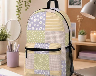 Patchwork Daisy Backpack Teen Everyday School Bag Student Bookbag Campus Pack Cottagecore Aesthetic Floral Knapsack Purple Boho Pastel