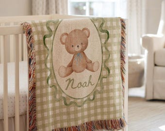 Personalized Woven Teddy Bear Baby Blanket Nursery Decor Woodland Themed Design Gift Idea Newborn Minky Blanket Custom Name Bear Throw