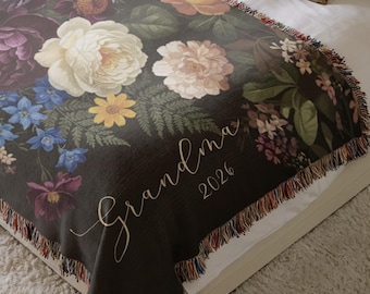 Custom Grandma Gift Nana Throw Blanket Personalized  Dark Academia Woven Blanket Great-Grandma Present Wall Hanging Botanical Gift Idea Gigi