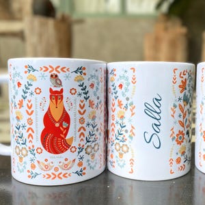 Scandinavian Fox Mug Nordic Design Coffee Cup Folk Art Boho Kitchen Hygge Decor Ceramic Gift Custom Personalized Animal Artwork Minimalist
