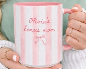 Personalized Bonus Mom Coffee Cup Pink Stripe Mug Custom Stepmom Appreciation Gift from Stepson Daughter Gift to Mother Mug with Pink Bow