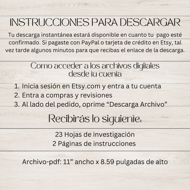 May include: Instructions for downloading digital files from Etsy.com. The text explains how to access the files after purchase, including the number of pages and the file size. The file size is 11 inches wide by 8.59 inches tall.