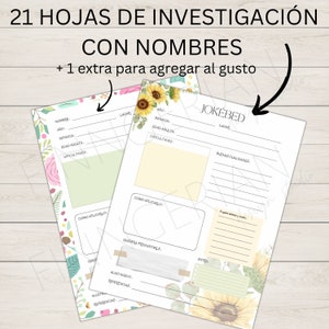 May include: A printable worksheet with a floral design and sunflowers. The worksheet is titled "21 HOJAS DE INVESTIGACI&Oacute;N CON NOMBRES + 1 extra para agregar al gusto". The worksheet has sections for "Nombre", "A&ntilde;o", "Infancia", "Edad Adulta", "Dificultades", "Lugar", "Jok&eacute;bed", "Lugar", "Buenas Cualidades", "Como Aplicarlo", "Quisiera Preguntarle", "Algo Nuevo", "Referencias", "Extra", and "A quien admirar y como".