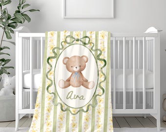 Personalized Floral Teddy Bear Blanket Nursery Woodland Woven Blanket Gingham Minky New Born Gift Custom Baby Shower Blanket Baby Present