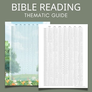 Può includere: Una guida tematica alla lettura della Bibbia con il testo "BIBLE READING THEMATIC GUIDE" in grandi lettere bianche. La guida è un'estensione di due pagine con un programma di lettura settimanale dettagliato, che include sezioni per la Legge, la Storia, i Salmi, la Poesia, i Vangeli, le Lettere e la Profezia.