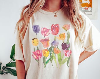 Tulip Graphic Tee Shirt Design Aesthetic Clothing Cottagecore Fashion Gift for Mom Gardener Present Watercolor Tulips Vintage Style
