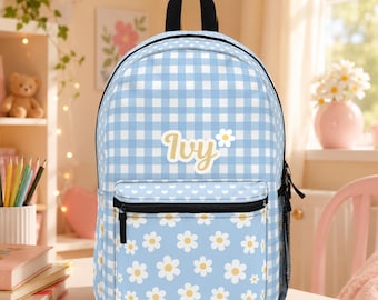 Personalized Kids Backpack Toddler School Bookbag Preschool Girl Kindergarten Pastel Gingham Check Pattern Daisy Floral Bag Custom Name