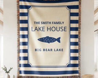 Personalized Lake Blanket Nautical Throw Navy Striped Cottage Decor Cabin Cozy Family Gift Lakeside Home Maritime Design Custom Fishing