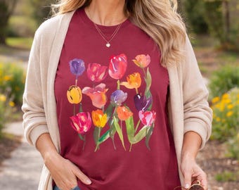 Watercolor Tulip Shirt Cotton Tshirt Floral Design Botanical Flower Spring Comfort Colors Tee for Mom Summer Bloom Gardener Shirt Tulips