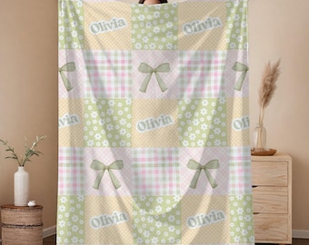Personalized Cottagecore Girl Room Decor Floral Custom Name Blanket Dorm Room Gift Idea Preppy Patchwork Throw Gift for Granddaughter