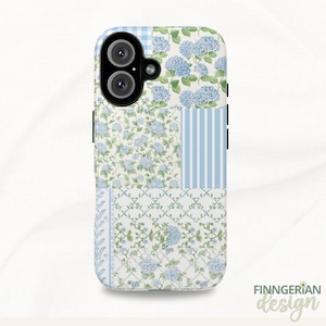 Quilt iPhone Case Floral Blush Blue Phone Case Hydrangeas Vintage Art Phone Accessories Gift iPhone 16 15 Samsung S24 Shabby Chic Girl Gift