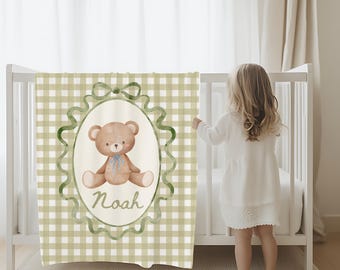 Personalized Floral Teddy Bear Blanket Nursery Woodland Woven Blanket Gingham Minky New Born Gift Custom Baby Shower Blanket Baby Present