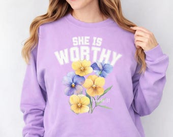 Christian Floral Crewneck Sweatshirt Bible Verse Botanical Design Pansy Watercolor Sweater Flower Bouquet Spring Gift for Mom Proverbs 31