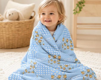 Duck Blanket With Name Toddler Blanket Personalized Baby Blue Throw Duckling Patchwork Nursery Decor Gift Newborn Name Sherpa