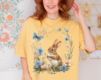 Watercolor Bunny Tshirt Butterfly Floral Spring Rabbit Top Design Easter Women Tee Gift Mother Day Cream Bunny Shirt for Woman Spring Tee