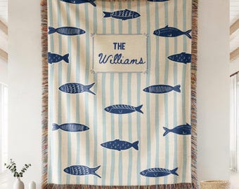 Cotton Woven Throw Blanket Fish Pattern Nautical Stripe Coastal Home Decor Beach House Accessory Marine Theme Bedding Natural Fiber Jacquard