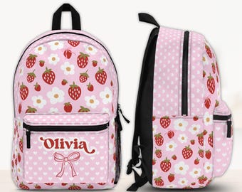 Personalized Kid Backpack Custom Name School Bag Toddler Girl Preschool Pack Strawberry Daisy Pink Pattern Bow Graphic Kindergarten Bookbag