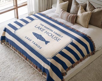 Lake House Blanket Personalized Nautical Cottage Decor Navy Stripe Cabin Throw Cozy Lakeside Home Design Custom Fishing Theme Gift