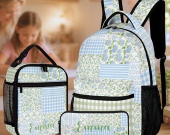 Personalized School Set Custom Backpack Lunchbox Pencil Case Monogrammed Girl Gift Elementary Starter Pack Kindergarten Preppy Floral Bag