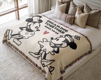 Anniversary Blanket Personalized Wedding Gift Custom Couples Bedroom Decor Vintage Mouse Woven Throw Steamboat Willie Romantic House Decor
