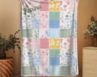 Personalized Pastel Patchwork Blanket Preppy Cottagecore Dormroom Throw Grannycore Soft Girl Room Decor Teen Floral Gift for Grandchild