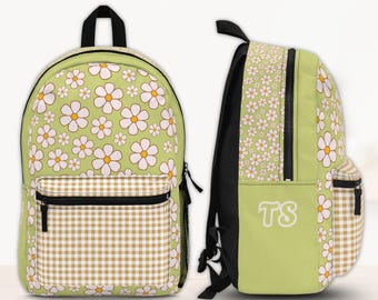 Daisy Backpack School Bag Retro Floral Monogram Personalized Pattern Green Aesthetic Vintage Style Laptop College Student Daily Carry Travel
