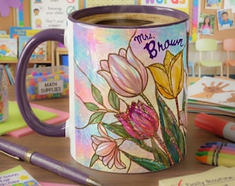 Teacher Appreciation Gift Stained Glass Tulip Mug Iridescent Mosaic Birthmonth Personalized Spring Floral Botanical Cup School Personnel