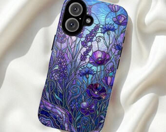 Wildflower Stained Glass Phone case Lavender Cover Purple Botanical 3D effect Protective Samsung Iphone 13 14 15 16 17 Tough Case MagSafe