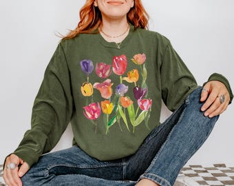 Tulip Watercolor Shirt Botanical Design Cotton Tee Relaxed Fit Comfort Colors Long Sleeve Floral Top Nature Inspired Garden Gift Mother